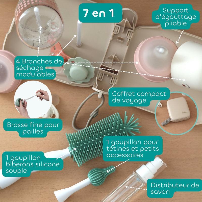 Kit Voyage Egoutte Biberons Goupillon et Accessoires argile BEABA détails