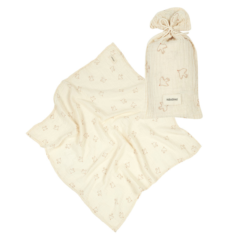 Lange en double gaze de coton lavé Wabi-Sabi Brown Hoshi Birds Nobodinoz produit avec sac 