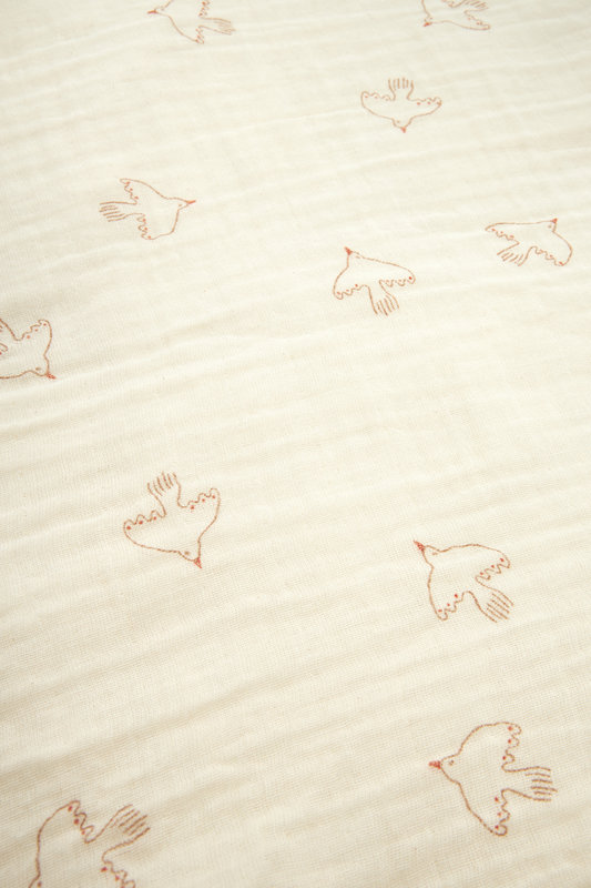 Lange en double gaze de coton lavé Wabi-Sabi Brown Hoshi Birds Nobodinoz zoom