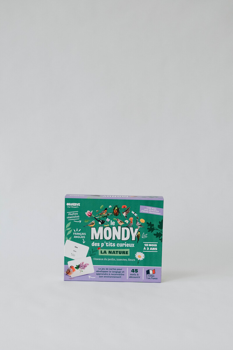 Le Mondy des P'tits Curieux : 45 cartes de langage bilingues sur le thème de la Nature Observe Montessori Produit face