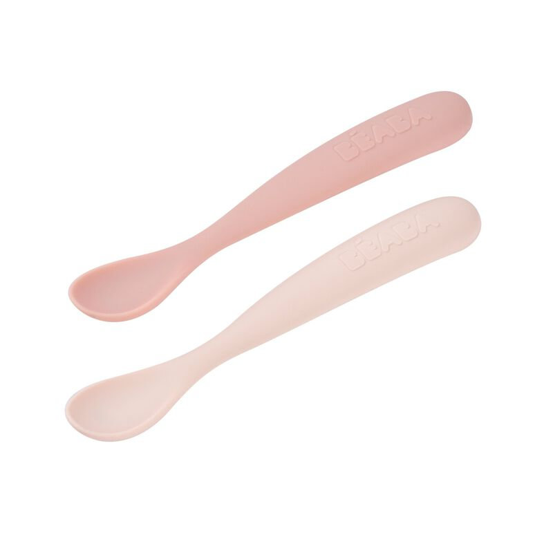 Lot 2 cuillères 1er âge silicone avec boite de transport Beaba Barbe à papa / Guimauve