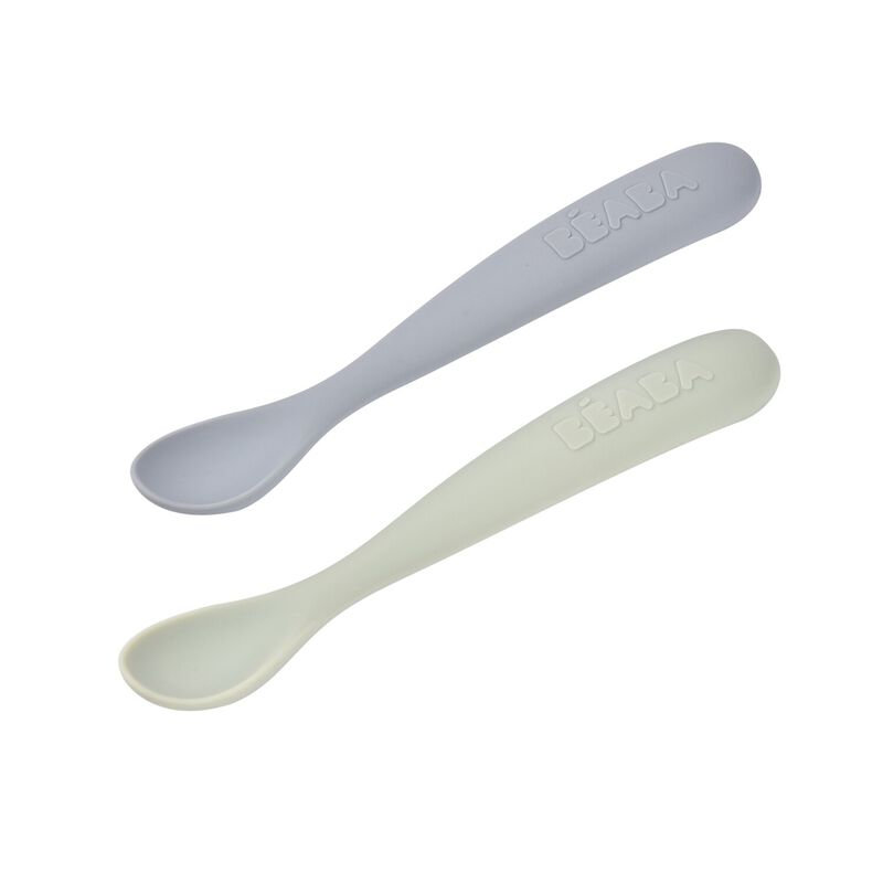 Lot 2 cuillères 1er âge silicone avec boite de transport Beaba Galet / Vert de gris
