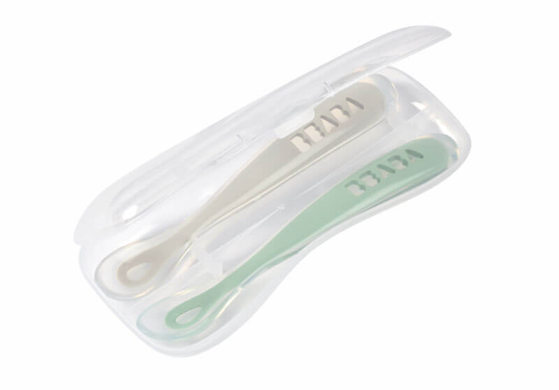 Lot de 2 cuillères silicone 1er âge avec boite Vert sauge Béaba boîte