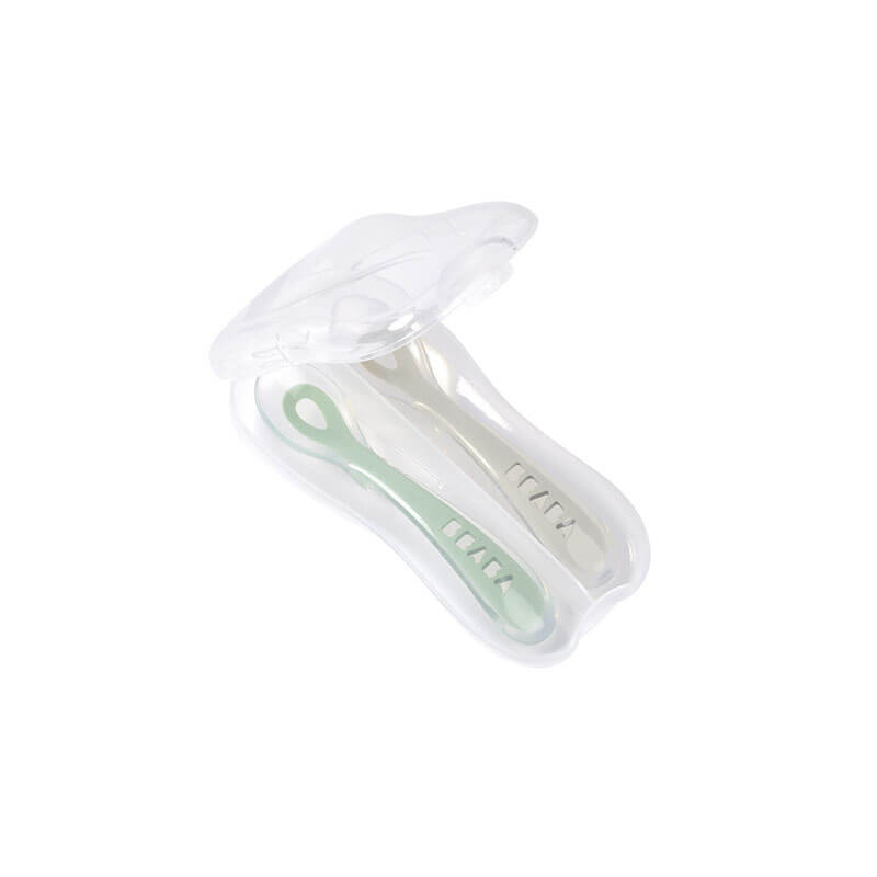 Lot de 2 cuillères silicone 2ème âge avec boite Vert sauge Béaba boîte