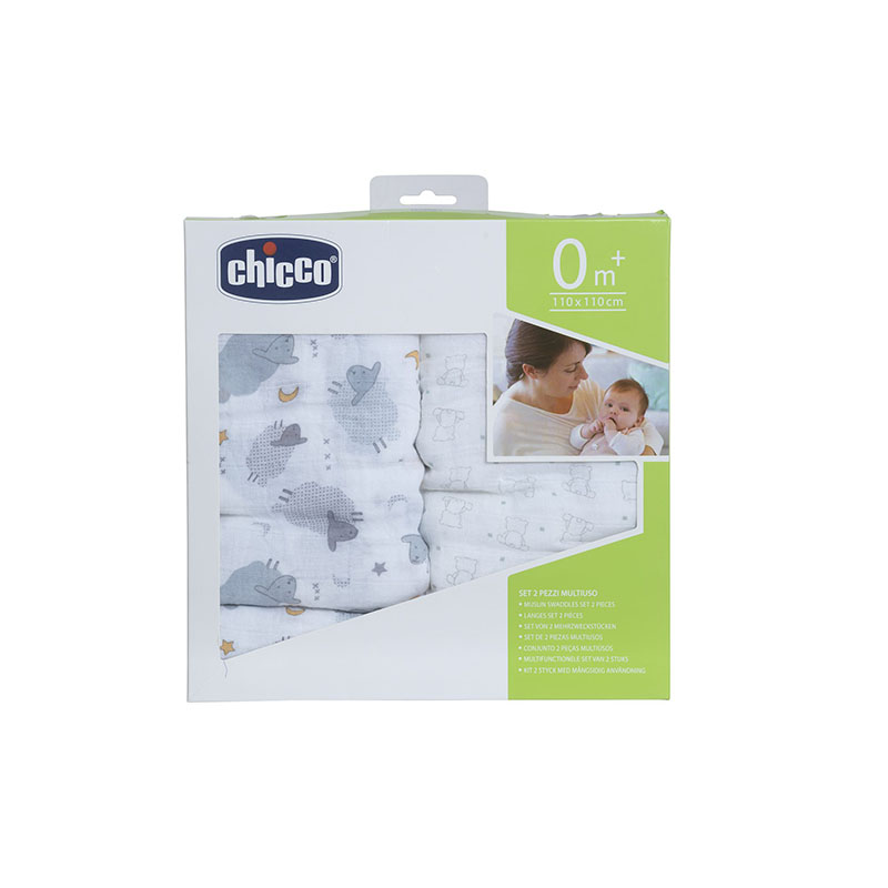 Lot de 2 langes en mousseline de coton 120 X 120 cm Bear et Grey Sheep Chicco packaging