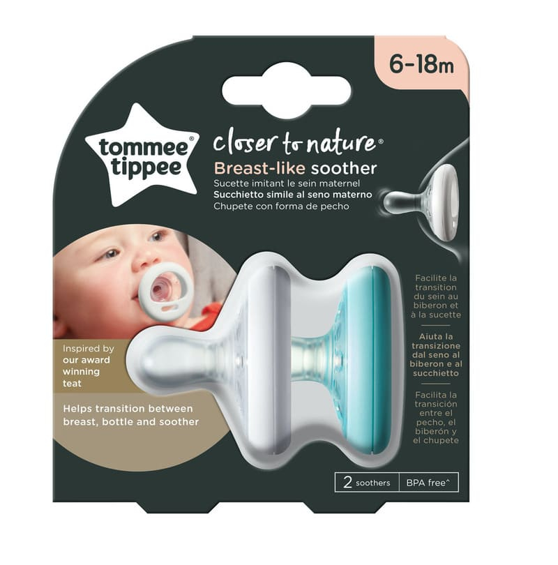 Lot de 2 sucettes CTN Forme Naturelle 6-18 mois blanc/bleu Tommee Tippee Packaging