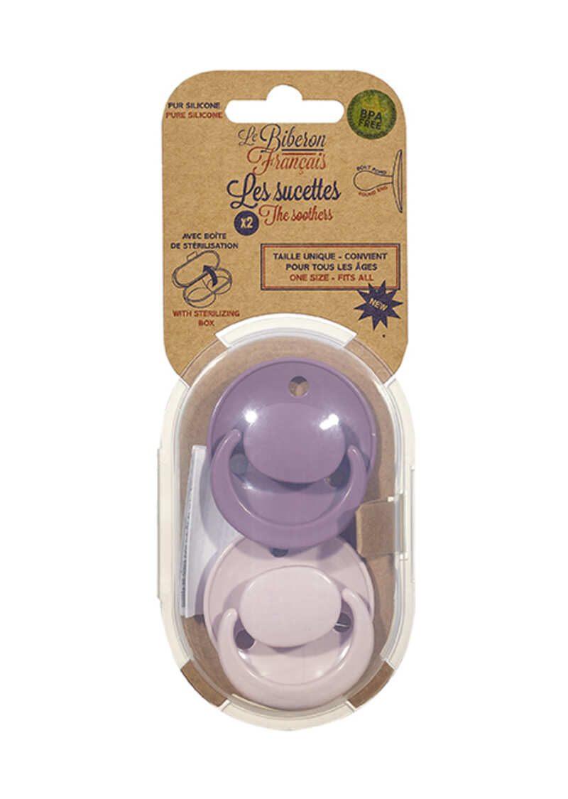Lot de 2 sucettes Bout rond 0-24 mois tons rose/violet Le Biberon Français package