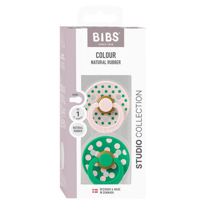 Lot de 2 sucettes Studio Polka Caoutchouc Naturel T1 Petal/Cactus Bibs packaging