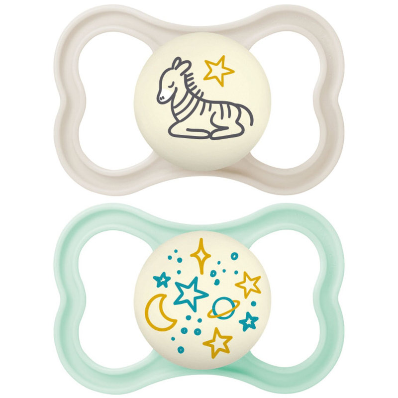 Lot de 2 sucettes Supreme Silicone Nuit Coloris Aléatoire 18 mois + Mam zebre/étoiles