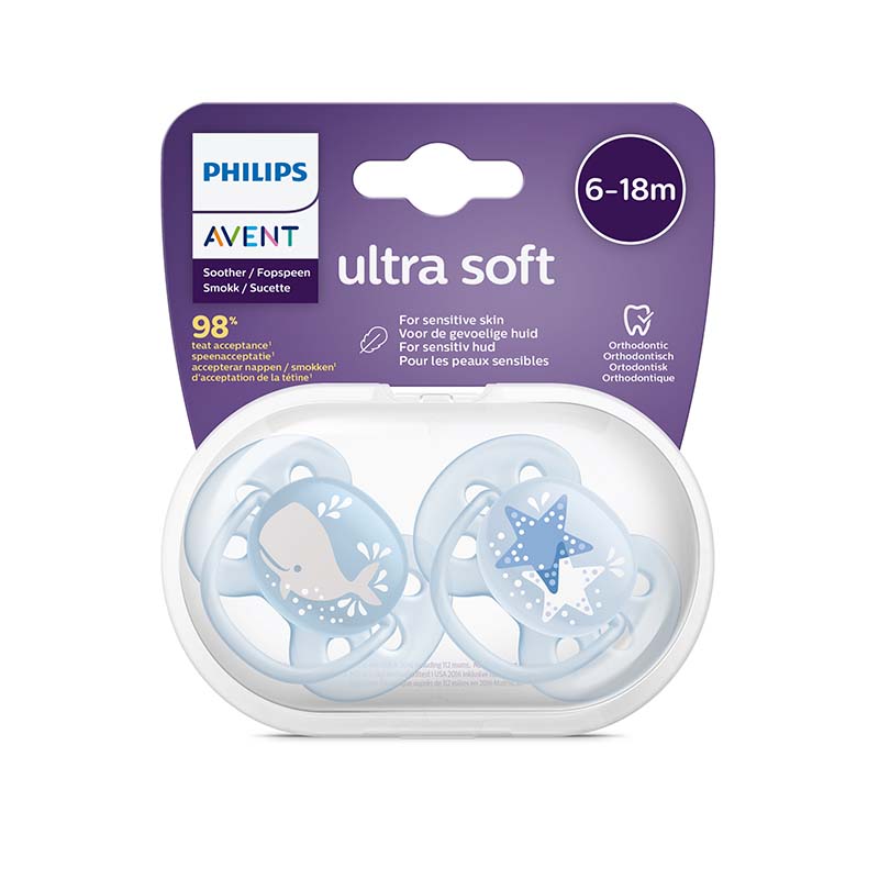 Lot de 2 sucettes ultra doux 6-18 mois Baleine/Etoile Philips Avent boite