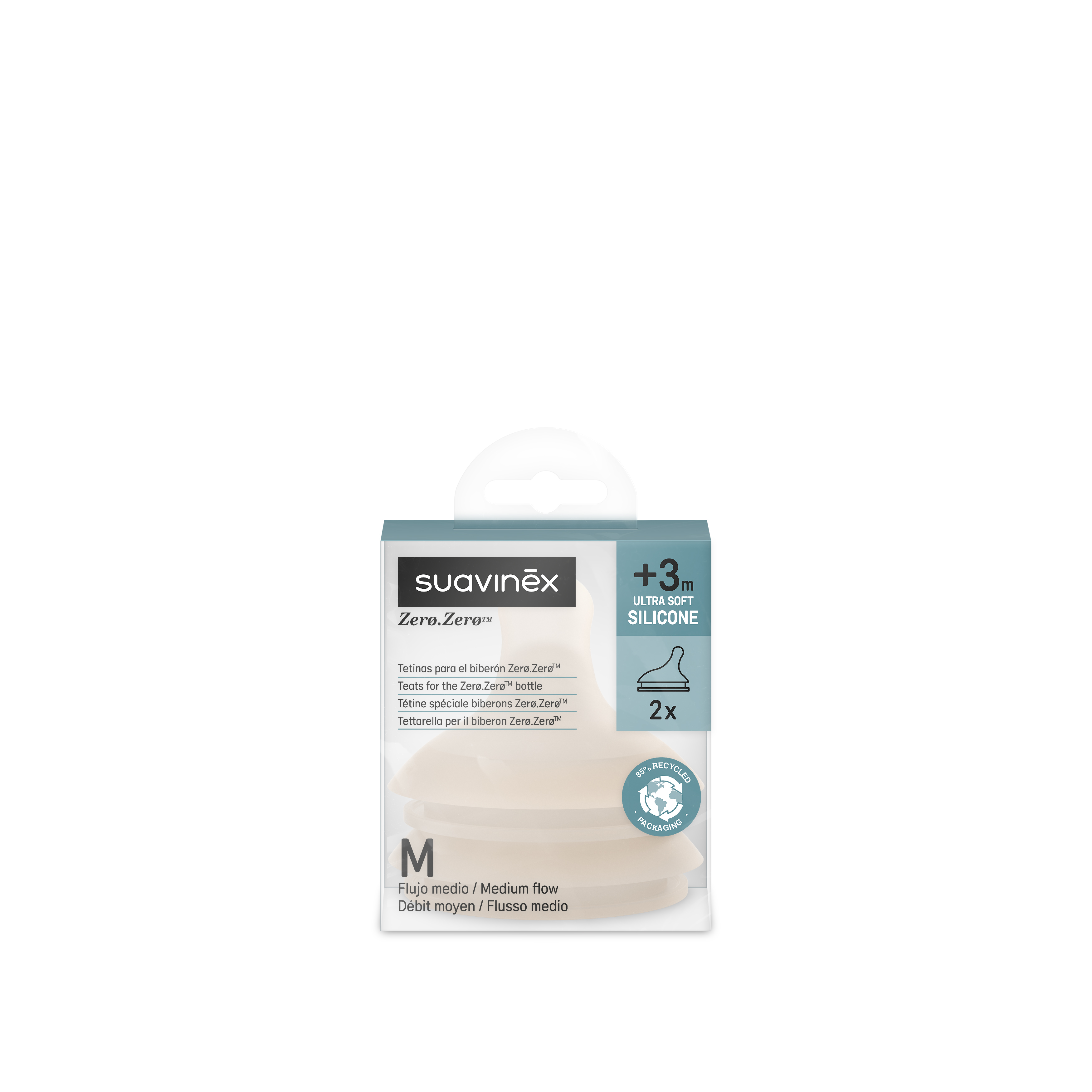 Lot de 2 Tétines Pour Biberon Anti-Colique Zero Zero, Débit Moyen, M Suavinex packaging