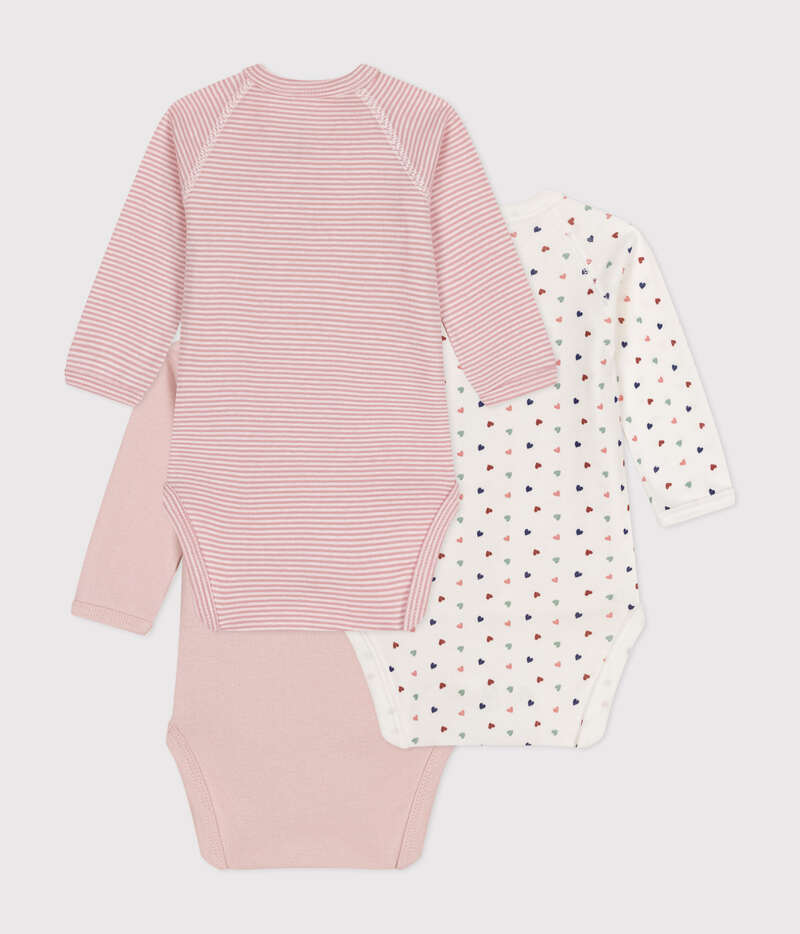 Lot de 3 bodies croisés manches longues en coton bébé rose petit coeur Petit Bateau dos