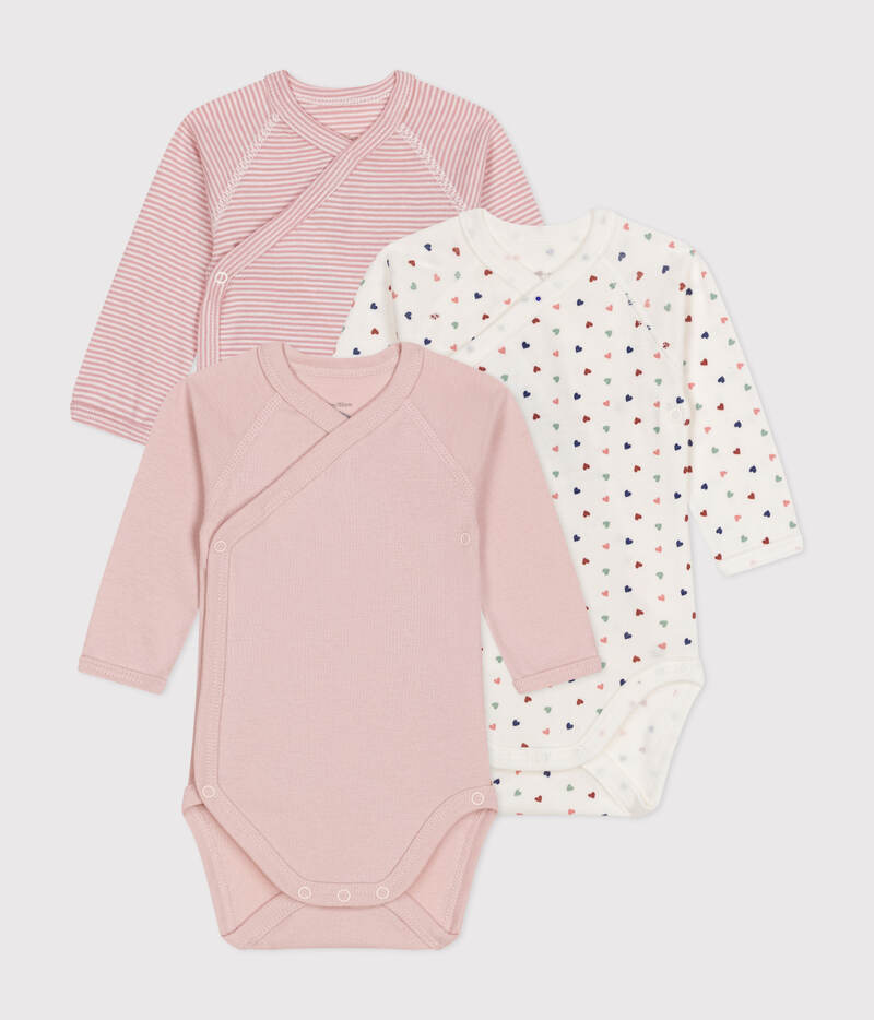 Lot de 3 bodies croisés manches longues en coton bébé rose petit coeur Petit Bateau produit face