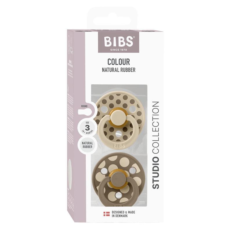 Lot de 2 sucettes Studio Polka Caoutchouc naturel 0-6 mois Vanilla/Dark Oak BIBS boite