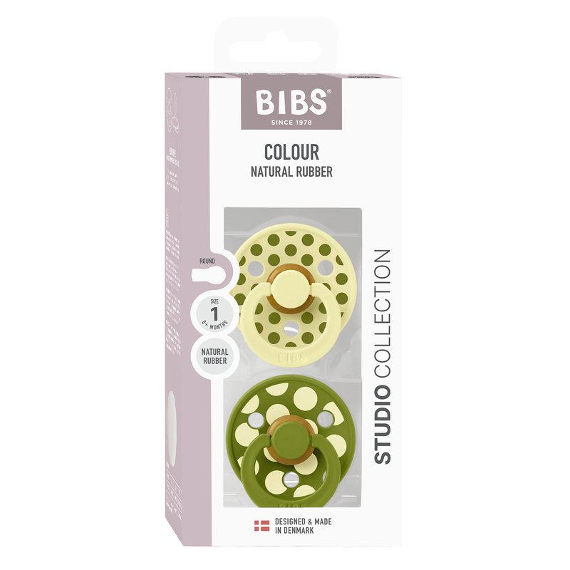 Lot de 2 sucettes Studio Polka Caoutchouc naturel 6-18 mois Luna/Wasabi BIBS boite