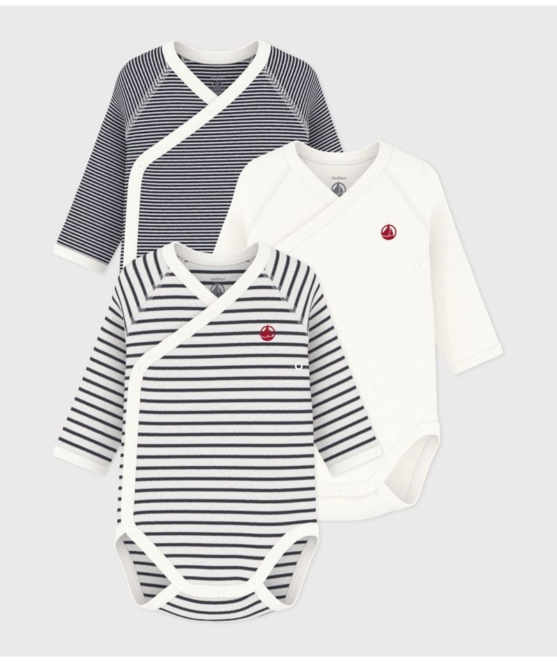 Lot de 3 Bodies Croisés Manches Longues Marinière Petit Bateau face