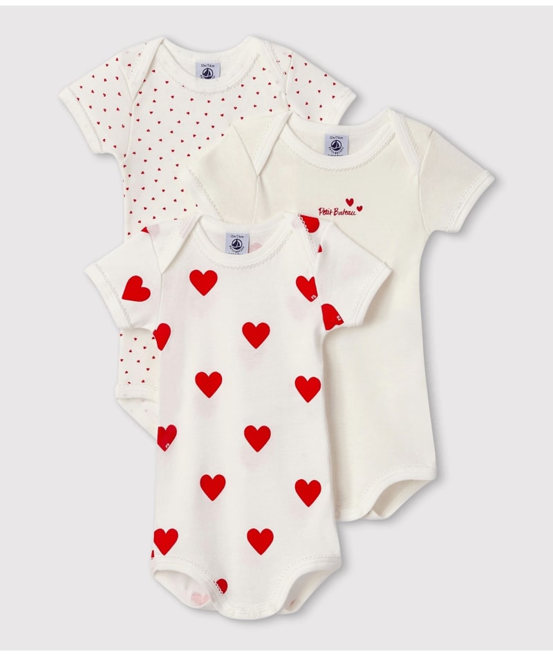 Lot de 3 Bodies Manches Courtes Coeurs Petit Bateau face