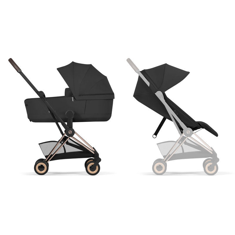 Pack Duo Poussette ultra-compacte Coya Confort 2026 avec nacelle pliable Châssis Rose Gold Sepia Black côté ensemble