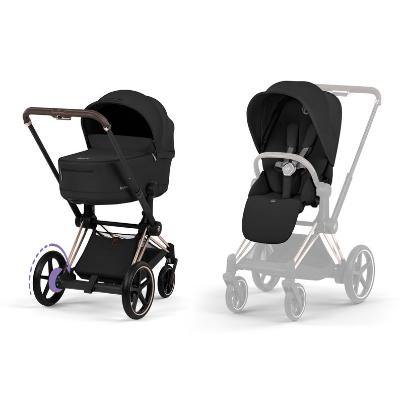 Pack duo Poussette électrique tout-terrain e-Priam 2026 avec nacelle pliable Rose Gold Sepia Black Cybex cover