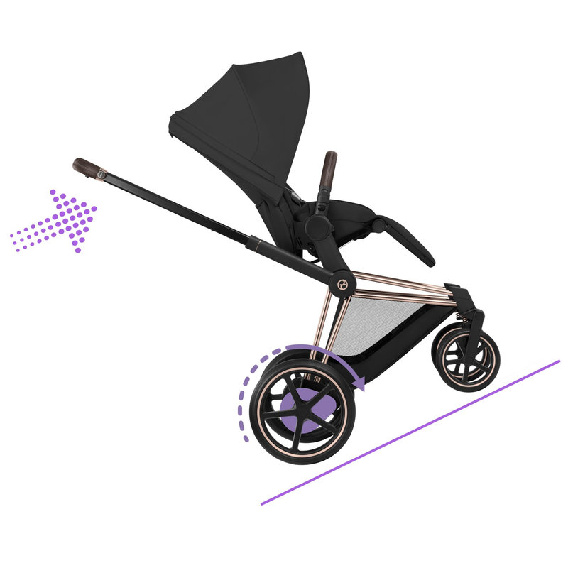 Pack duo Poussette électrique tout-terrain e-Priam 2026 avec nacelle pliable Rose Gold Sepia Black Cybex pente