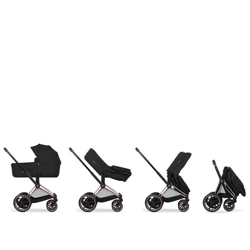 Pack duo Poussette électrique tout-terrain e-Priam 2026 avec nacelle pliable Rose Gold Sepia Black Cybex pliage nacelle sur châssis