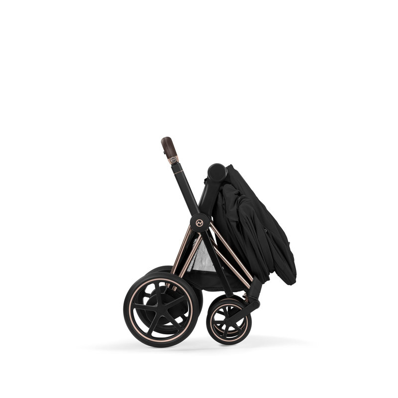 Pack duo Poussette électrique tout-terrain e-Priam 2026 avec nacelle pliable Rose Gold Sepia Black Cybex pliée avec nacelle