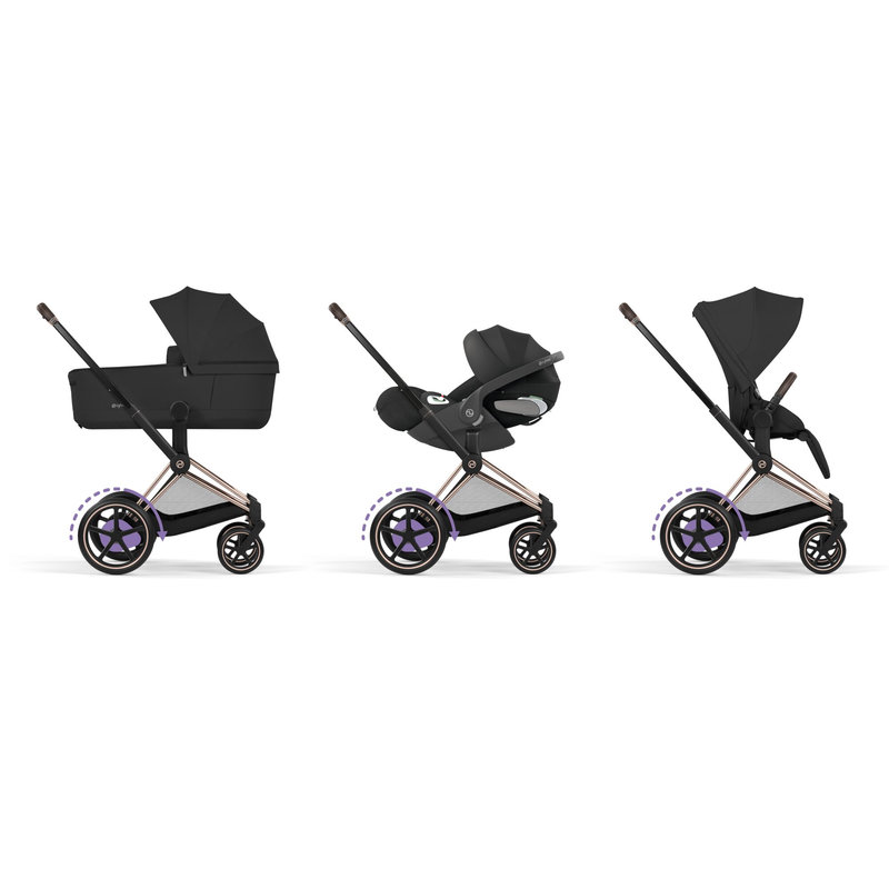 Pack duo Poussette électrique tout-terrain e-Priam 2026 avec nacelle pliable Rose Gold Sepia Black Cybex travel system