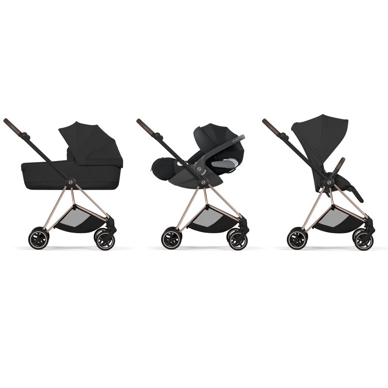 Pack duo Poussette citadine Mios Confort 2026 avec nacelle pliable Châssis Rose Gold Sepia Black Cybex travel system