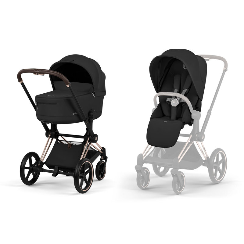 Pack duo Poussette tout-terrain Priam 2026 avec nacelle pliable Châssis Rose Gold Sepia Black Cybex cover