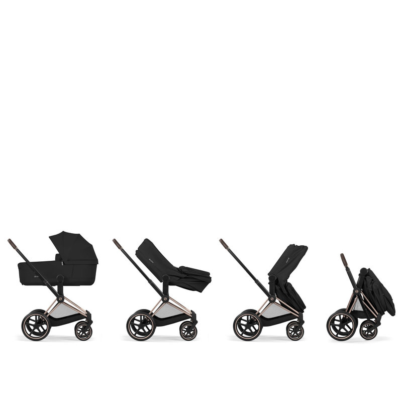 Pack duo Poussette tout-terrain Priam 2026 avec nacelle pliable Châssis Rose Gold Sepia Black Cybex pliage nacelle sur châssis