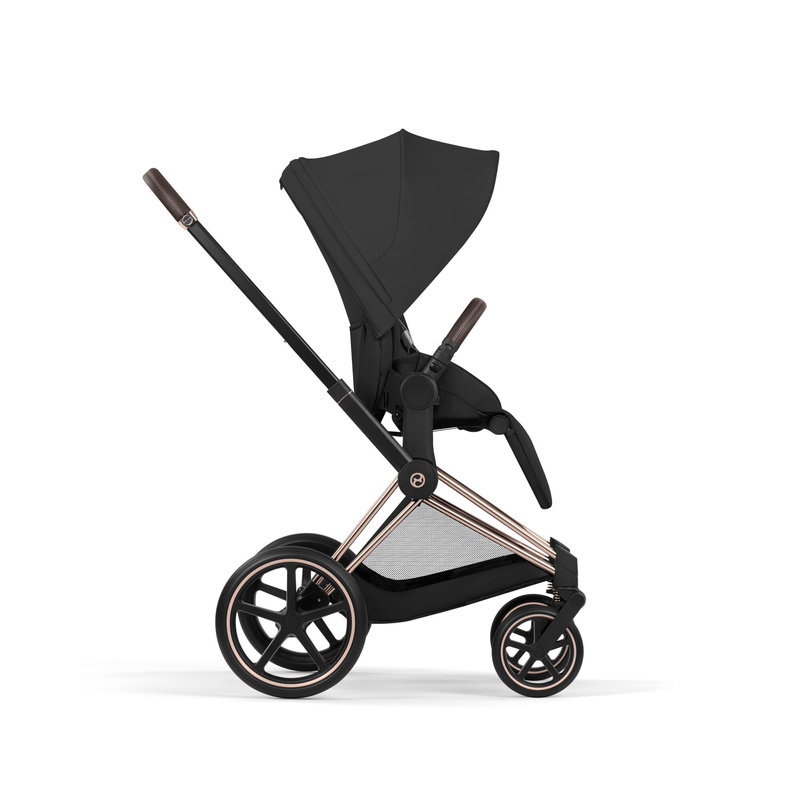 Pack duo Poussette tout-terrain Priam 2026 avec nacelle pliable Châssis Rose Gold Sepia Black Cybex poussette face monde