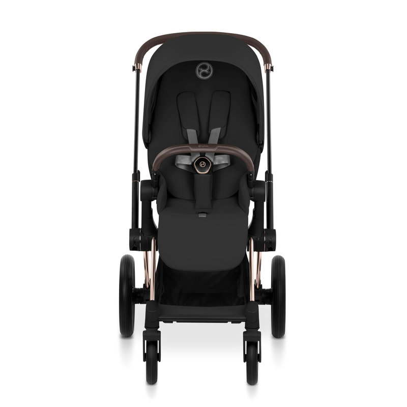 Pack duo Poussette tout-terrain Priam 2026 avec nacelle pliable Châssis Rose Gold Sepia Black Cybex poussette face
