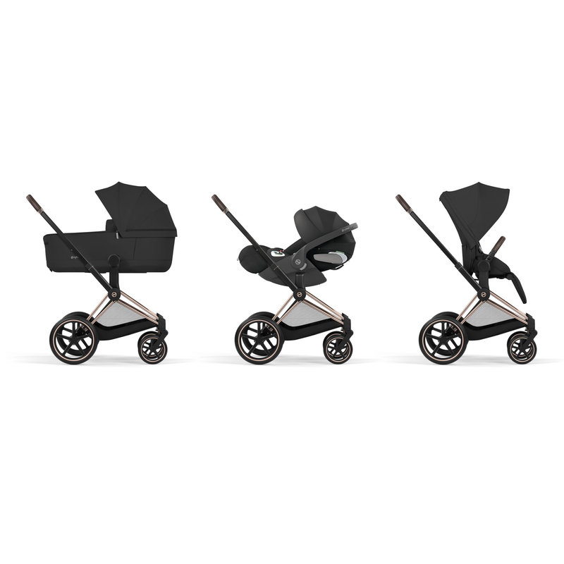 Pack duo Poussette tout-terrain Priam 2026 avec nacelle pliable Châssis Rose Gold Sepia Black Cybex travel system
