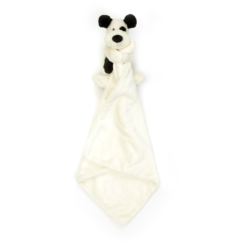 Peluche avec doudou Bashful Black & Cream Puppy Jellycat depliee
