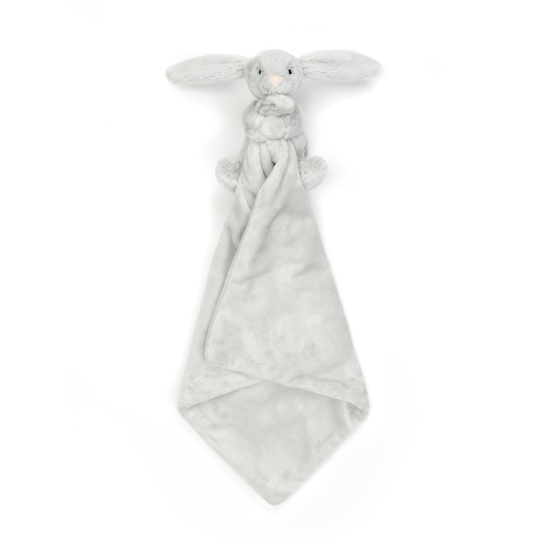Peluche avec doudou Bashful Bunny Soother Silver Jellycat depliee
