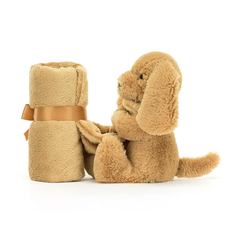 Peluche chiot Bashful Toffee Puppy Soother avec doudou Jellycat côté