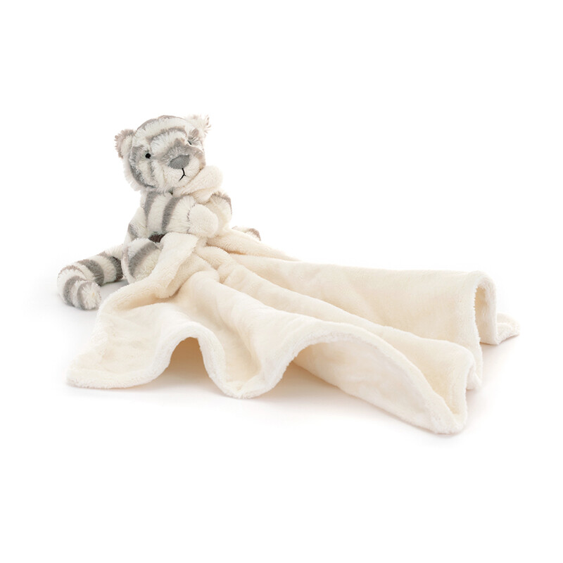 Peluche tigre Bashful Snow Tiger Soother avec doudou Jellycat face