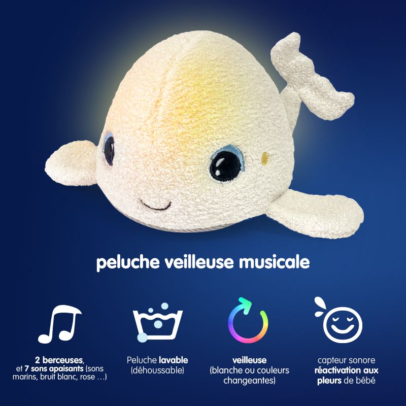 Peluche veilleuse avec bruit blanc apaisant Beluga Pabobo lumineuse