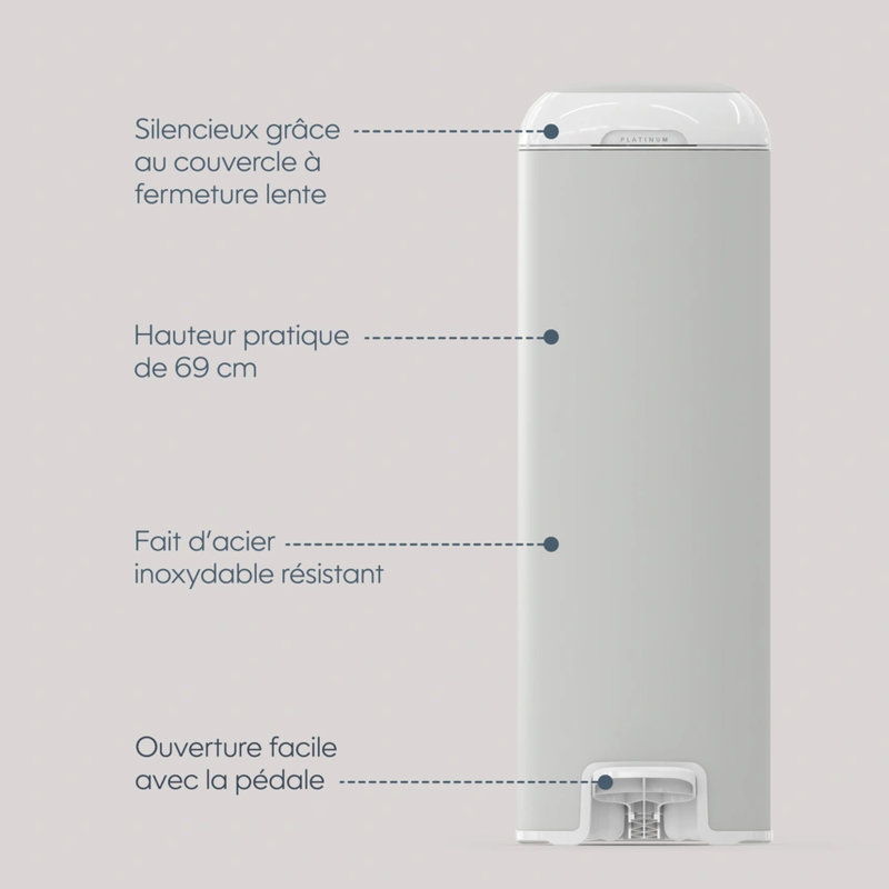 Poubelle à couches Platinum grise avec 1 recharge Easy Roll 18 sacs Diaper Genie détails poubelle