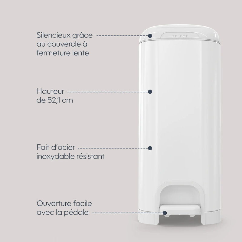 Poubelle à couches Select Blanche avec 1 recharge octogonale Diaper Genie détails de la poubelle