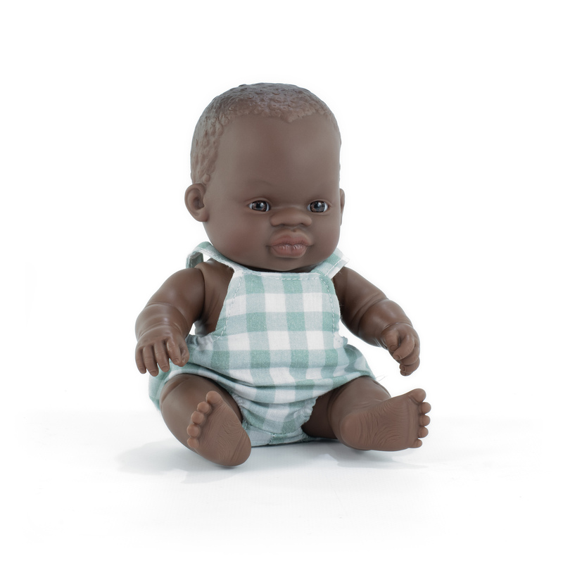 Poupée 21 cm garçon africain - barboteuse à carreaux verts MINILAND face