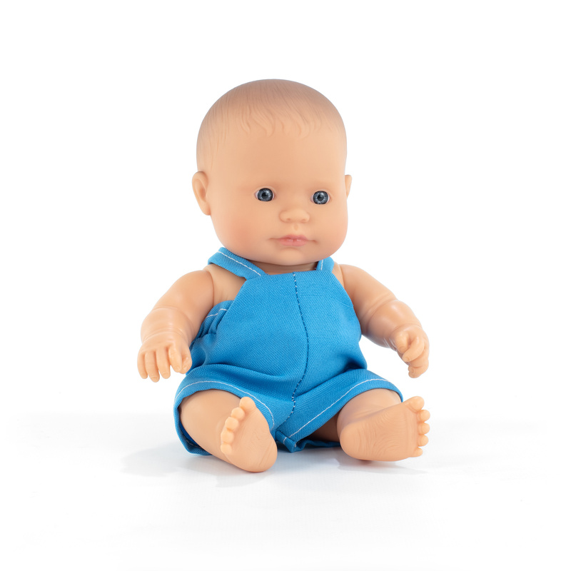 Poupée 21 cm garçon caucasien - barboteuse bleue MINILAND face