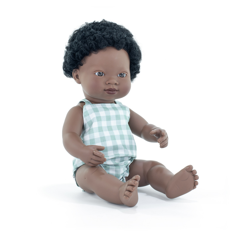 Poupée 38 cm africaine - barboteuse à carreaux MINILAND face