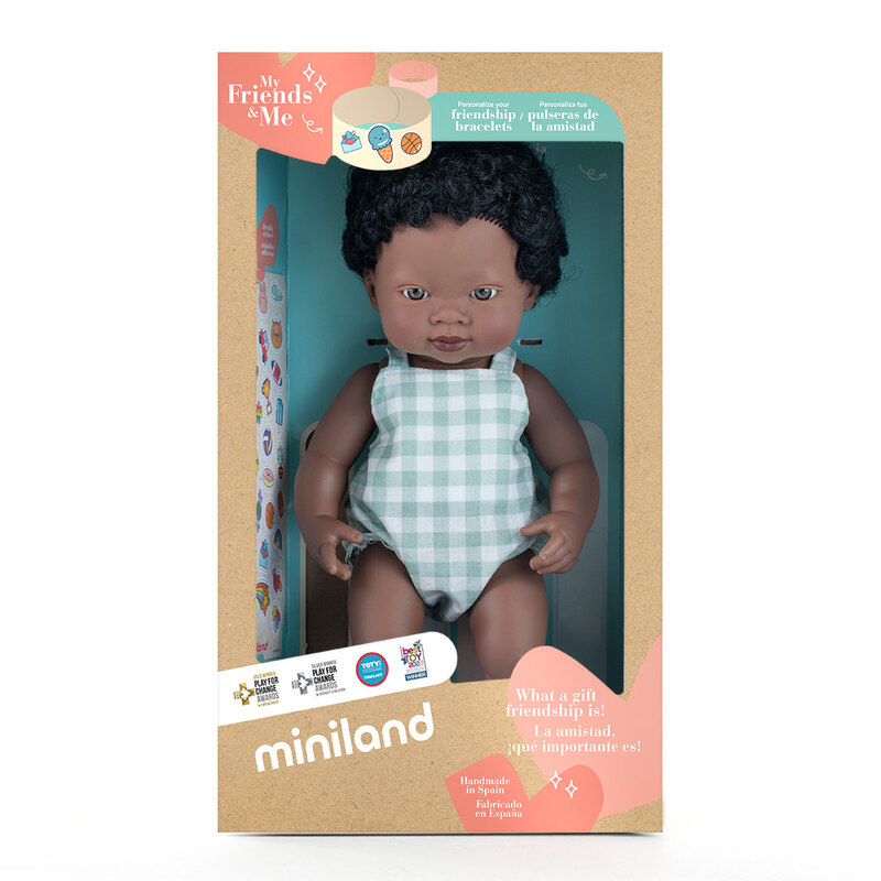 Poupée 38 cm africaine - barboteuse à carreaux MINILAND packaging