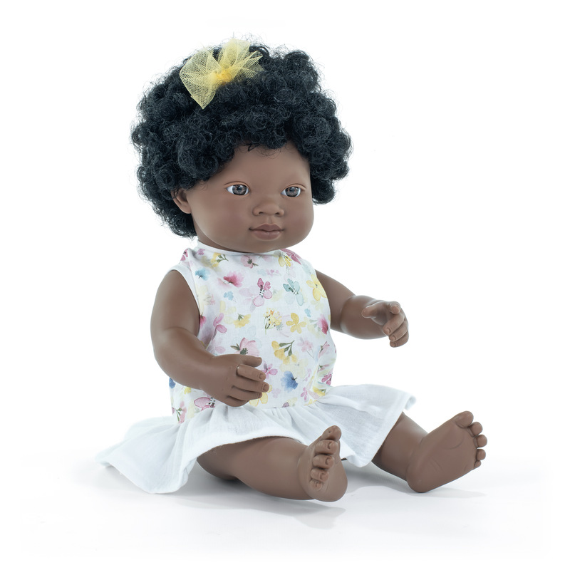 Poupée 38 cm africaine - robe à fleurs MINILAND face