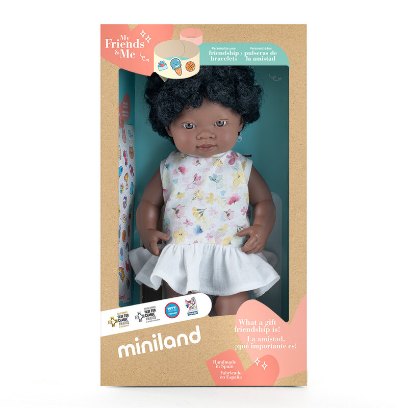 Poupée 38 cm africaine - robe à fleurs MINILAND packaging