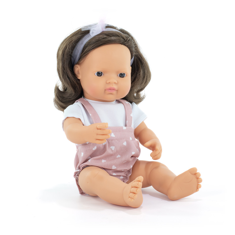 Poupée 38 cm brunette - salopette rose à coeurs MINILAND face