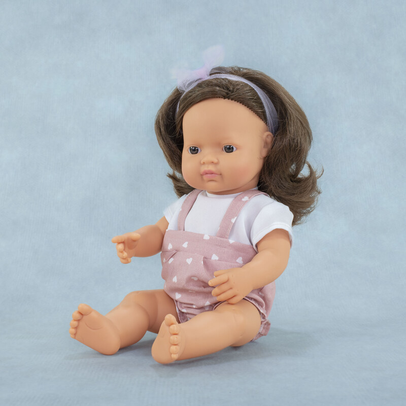 Poupée 38 cm brunette - salopette rose à coeurs MINILAND lifestyle