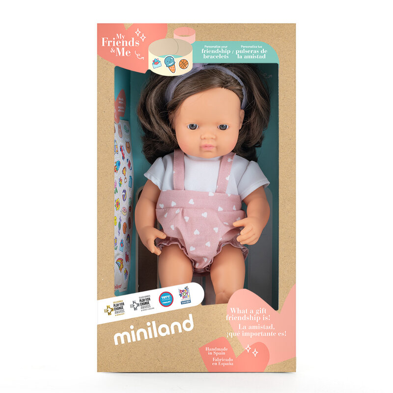 Poupée 38 cm brunette - salopette rose à coeurs MINILAND packaging