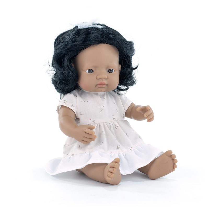 Poupée 38 cm sud-américaine - robe à fleurs MINILAND face